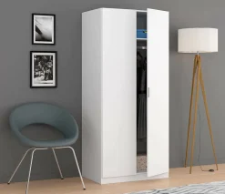 Garde-robe 2 portes Orange, Armoire de Chambre, Meubles de Chambre avec 1 étagère et tringle à vêtements, 82x52h180 cm, Blanc