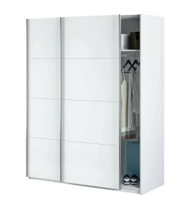 Garde-robe 2 portes Ponce, Armoire de chambre, Armoire avec tringle à vêtements et 2 étagères, 150x60h200 cm, Blanc brillant