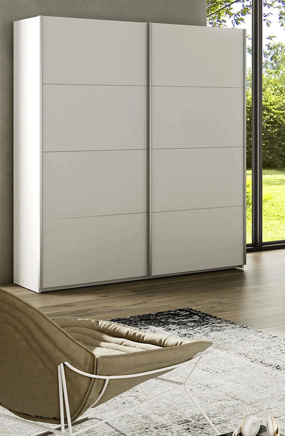 Garde-robe 2 portes Ponce, Armoire de chambre, Armoire avec tringle à vêtements et 2 étagères, 150x60h200 cm, Blanc brillant