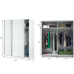 Garde-robe 2 portes Ponce, Armoire de chambre, Armoire avec tringle à vêtements et 2 étagères, 150x60h200 cm, Blanc brillant