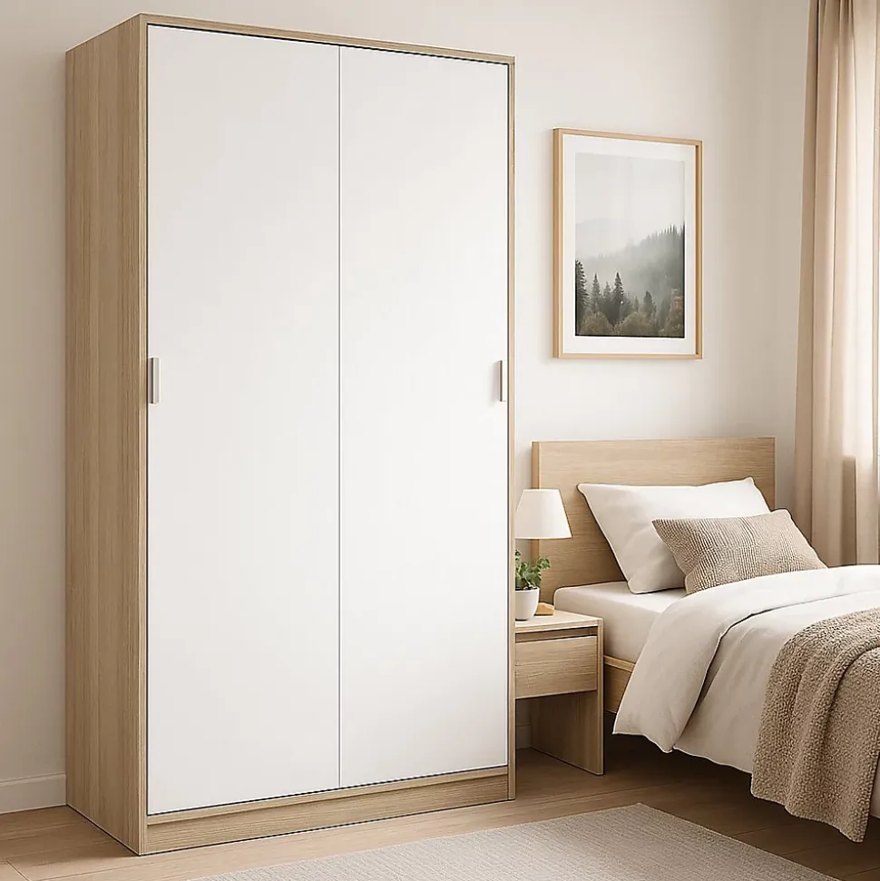 Garde-robe 2 portes Waterbury, Armoire de chambre, Armoire avec 4 étagères et tringle à vêtements, 120x50h200 cm, Chêne et Blanc