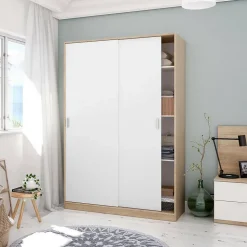 Garde-robe 2 portes Waterbury, Armoire de chambre, Armoire avec 4 étagères et tringle à vêtements, 120x50h200 cm, Chêne et Blanc