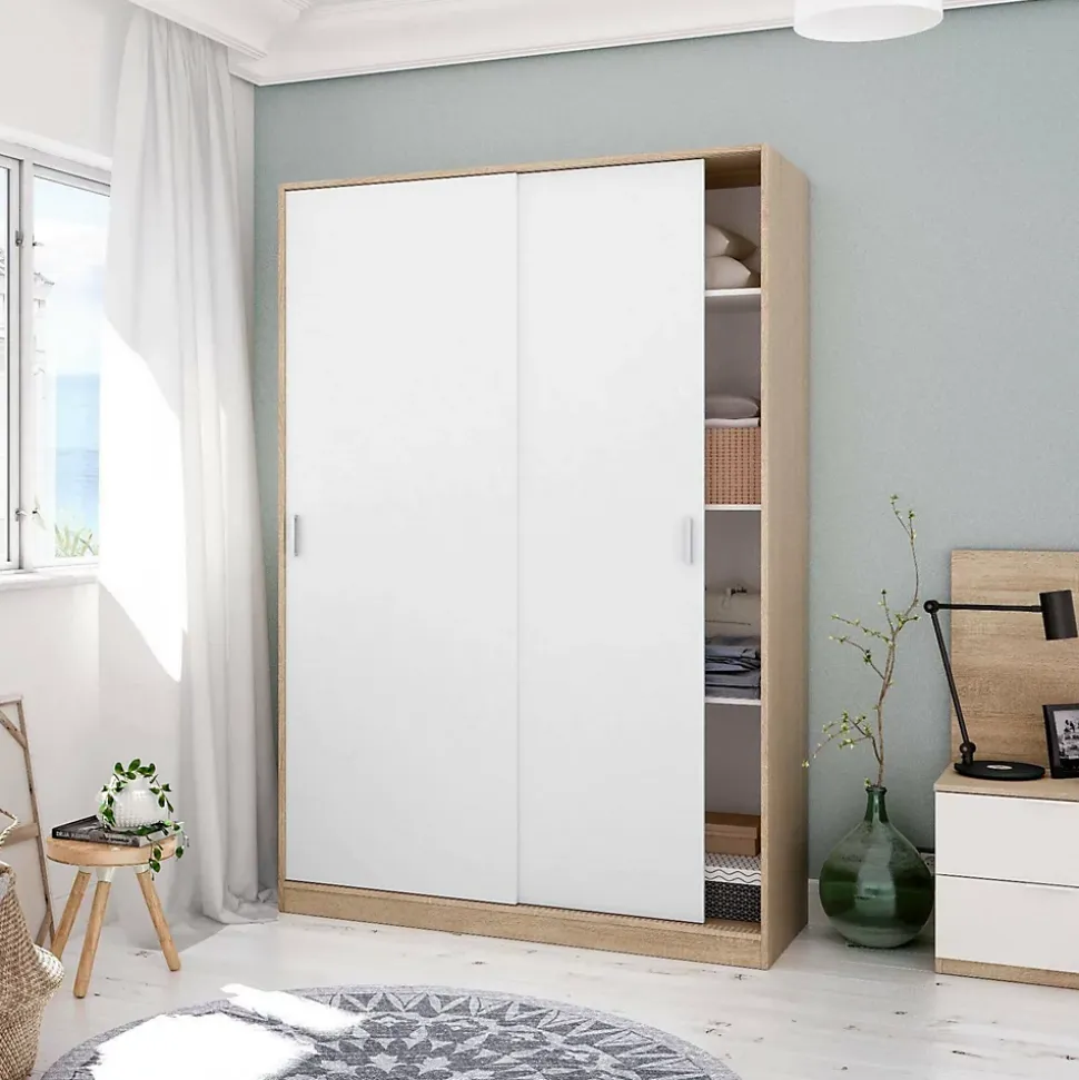 Garde-robe 2 portes Waterbury, Armoire de chambre, Armoire avec 4 étagères et tringle à vêtements, 120x50h200 cm, Chêne et Blanc