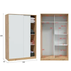 Garde-robe 2 portes Waterbury, Armoire de chambre, Armoire avec 4 étagères et tringle à vêtements, 120x50h200 cm, Chêne et Blanc