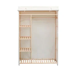 Garde-Robe en Tissu et Bois de Pin - Armoire Penderie Chambre Dressing + 5 Etagères + Barre de Suspension