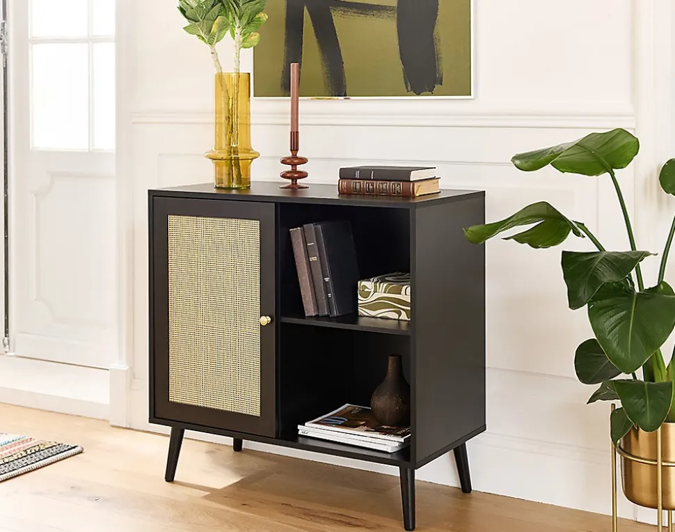 Goto - buffet haut - noir et cannage - 2 niches et 1 porte - 80 cm - Best Mobilier