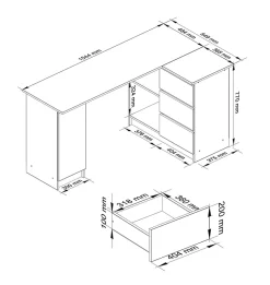 Grand bureau d'angle AKORD droit B20 Chêne Sonoma 155 cm 1 porte 3 tiroirs façade Blanche 4 étagères 155x85x77 cm