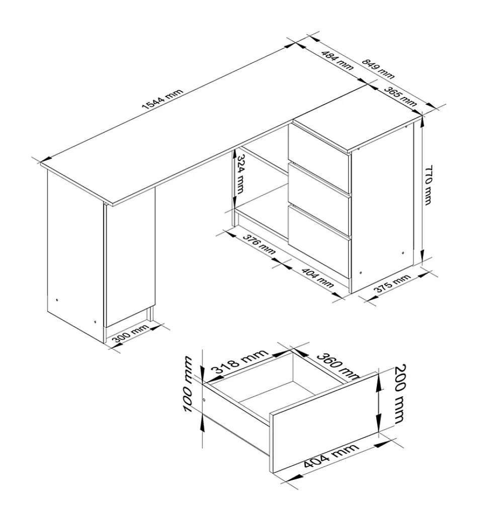 Grand bureau d'angle AKORD droit B20 Chêne Sonoma 155 cm 1 porte 3 tiroirs façade Blanche 4 étagères 155x85x77 cm