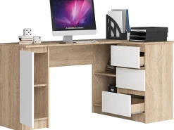Grand bureau d'angle AKORD droit B20 Chêne Sonoma 155 cm 1 porte 3 tiroirs façade Blanche 4 étagères 155x85x77 cm
