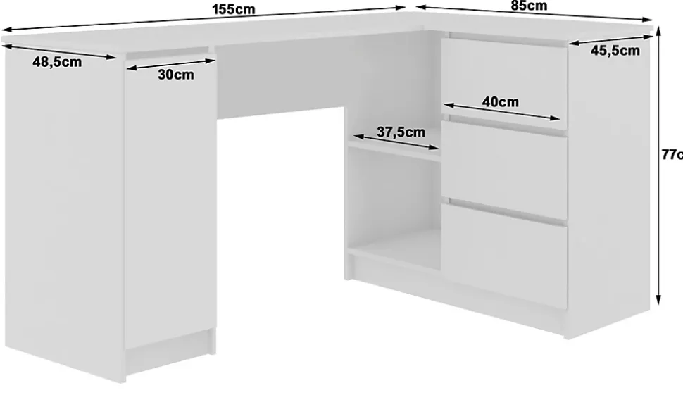 Grand bureau d'angle AKORD droit B20 Chêne Sonoma 155 cm 1 porte 3 tiroirs façade Blanche 4 étagères 155x85x77 cm