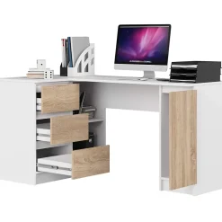 Grand bureau d'angle AKORD gauche B20 Blanc 155 cm 1 porte 3 tiroirs façade Chêne Sonoma 4 étagères 155x85x77 cm