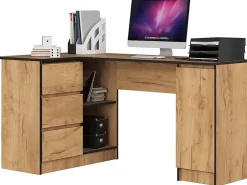 Grand bureau d'angle AKORD gauche B20 Chêne Craft 155 cm 1 porte 3 tiroirs façade Chêne Craft 4 étagères 155x85x77 cm
