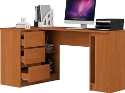Grand bureau d'angle AKORD gauche B20 Aulne 155 cm 1 porte 3 tiroirs façade Aulne 4 étagères 155x85x77 cm