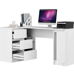 Grand bureau d'angle AKORD gauche B20 Blanc 155 cm 1 porte 3 tiroirs façade Blanche 4 étagères 155x85x77 cm