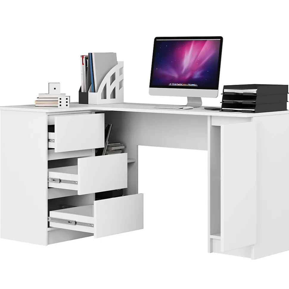 Grand bureau d'angle AKORD gauche B20 Blanc 155 cm 1 porte 3 tiroirs façade Blanche 4 étagères 155x85x77 cm