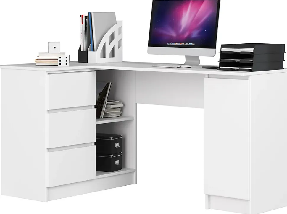 Grand bureau d'angle AKORD gauche B20 Blanc 155 cm 1 porte 3 tiroirs façade Blanche 4 étagères 155x85x77 cm