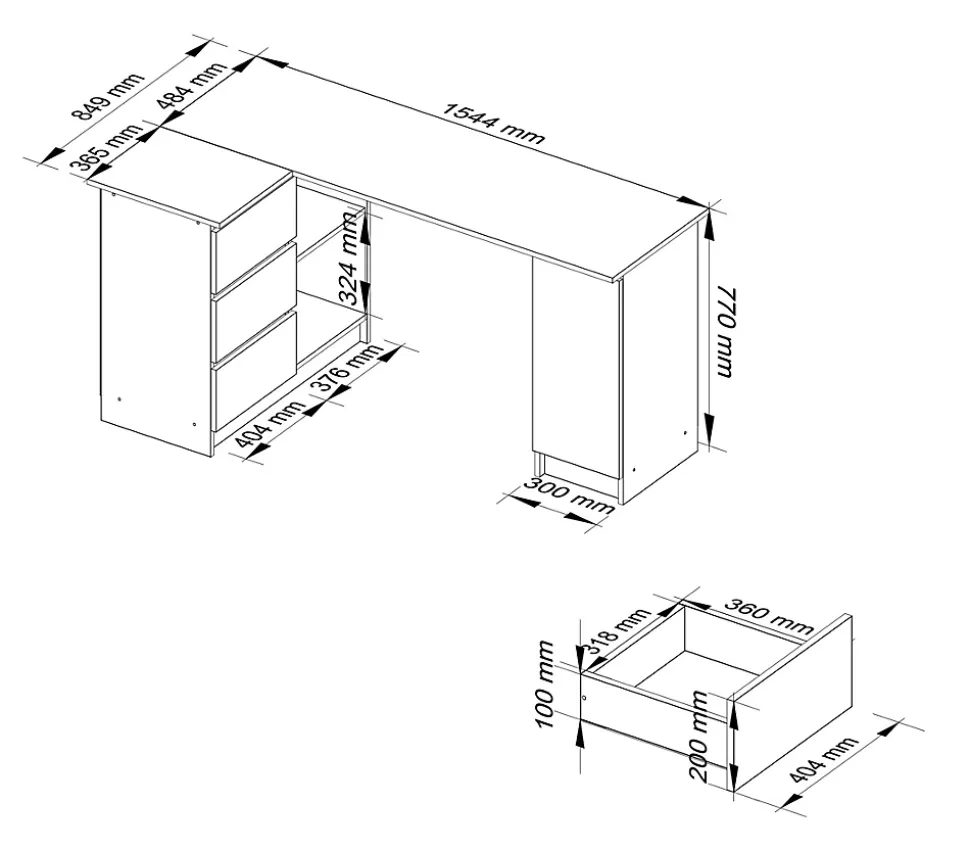 Grand bureau d'angle AKORD gauche B20 Blanc 155 cm 1 porte 3 tiroirs façade Blanche 4 étagères 155x85x77 cm