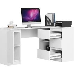 Grand bureau d'angle AKORD droit B20 Blanc 155 cm 1 porte 3 tiroirs façade Blanche 4 étagères 155x85x77 cm