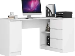 Grand bureau d'angle AKORD droit B20 Blanc 155 cm 1 porte 3 tiroirs façade Blanche 4 étagères 155x85x77 cm