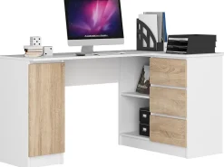 Grand bureau d'angle AKORD droit B20 Blanc 155 cm 1 porte 3 tiroirs façade Chêne Sonoma 4 étagères 155x85x77 cm