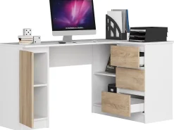 Grand bureau d'angle AKORD droit B20 Blanc 155 cm 1 porte 3 tiroirs façade Chêne Sonoma 4 étagères 155x85x77 cm
