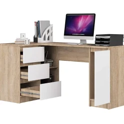 Grand bureau d'angle AKORD gauche B20 Chêne Sonoma 155 cm 1 porte 3 tiroirs façade Blanche 4 étagères 155x85x77 cm