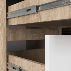 Grand bureau d'angle AKORD gauche B20 Chêne Sonoma 155 cm 1 porte 3 tiroirs façade Blanche 4 étagères 155x85x77 cm