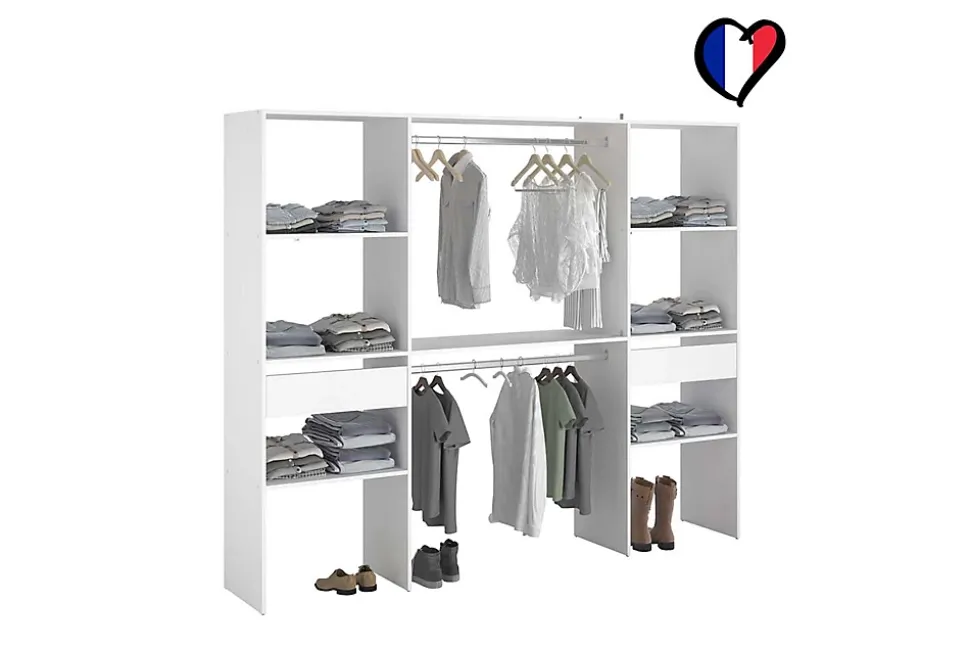 Grand dressing blanc avec 2 penderies, 6 étagères et 2 tiroirs - ELYSEE