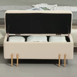 Grand pouf coffre de rangement design contemporain - dim. 100L x 40l x 42H cm - velours beige piètement métal doré