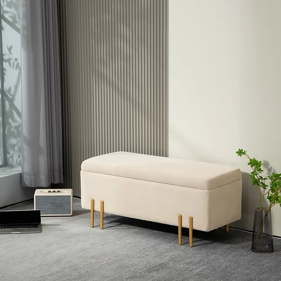Grand pouf coffre de rangement design contemporain - dim. 100L x 40l x 42H cm - velours beige piètement métal doré
