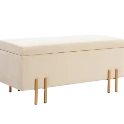 Grand pouf coffre de rangement design contemporain - dim. 100L x 40l x 42H cm - velours beige piètement métal doré