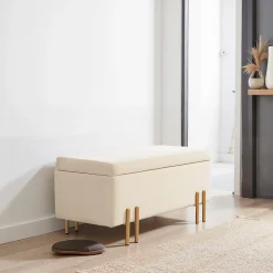 Grand pouf coffre de rangement design contemporain - dim. 100L x 40l x 42H cm - velours beige piètement métal doré