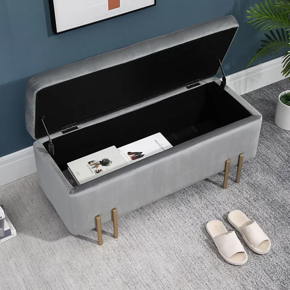 Grand pouf coffre de rangement design contemporain - dim. 100L x 40l x 42H cm - piètement métal doré velours gris clair