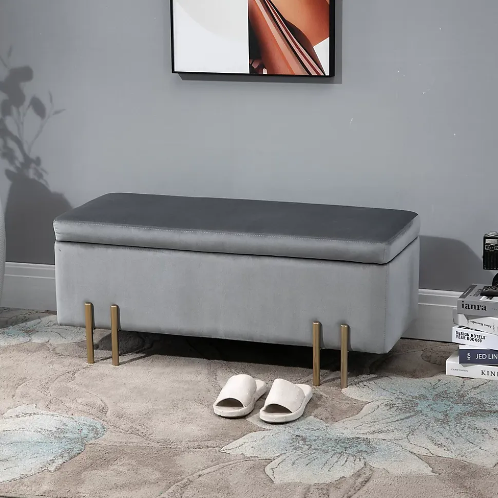 Grand pouf coffre de rangement design contemporain - dim. 100L x 40l x 42H cm - piètement métal doré velours gris clair