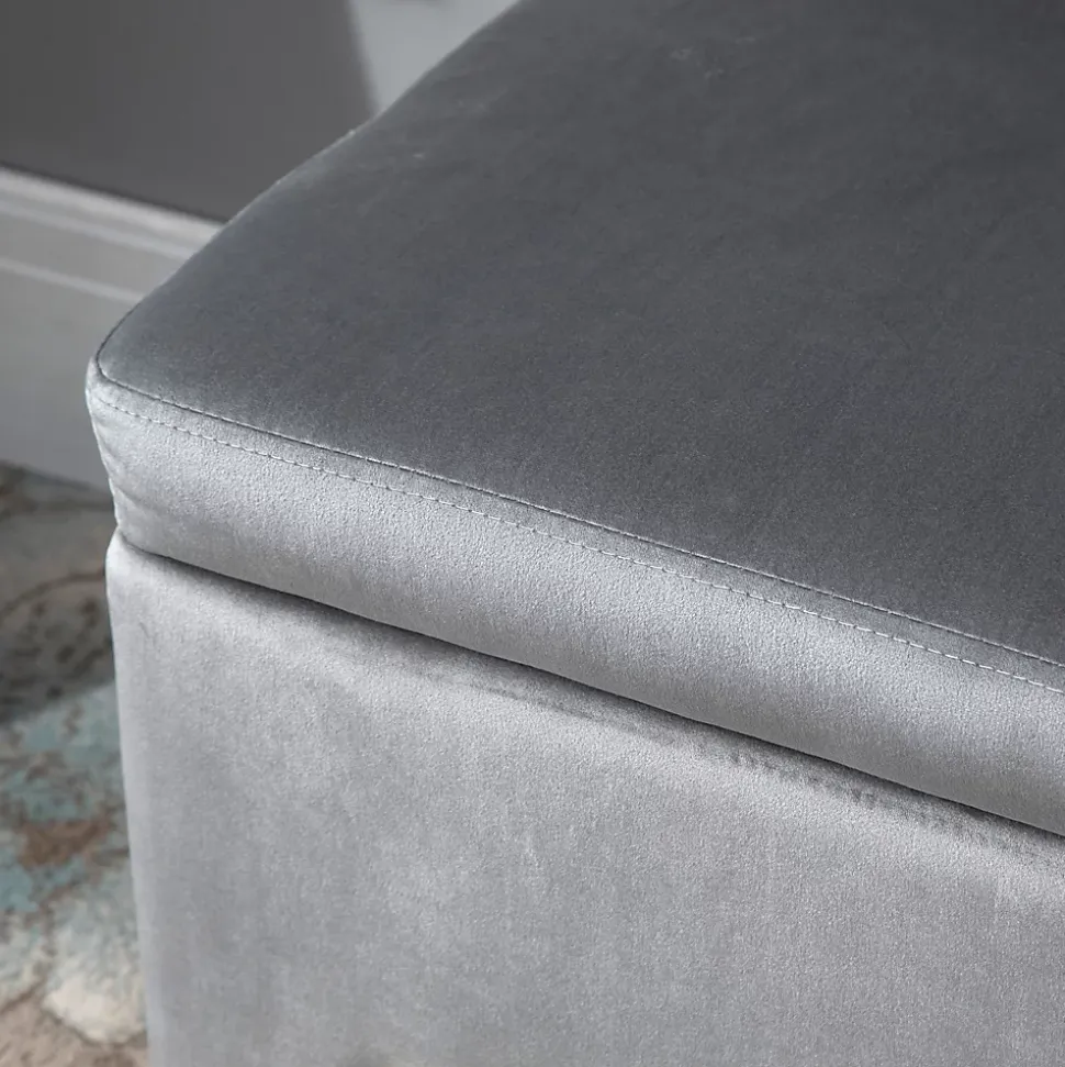Grand pouf coffre de rangement design contemporain - dim. 100L x 40l x 42H cm - piètement métal doré velours gris clair