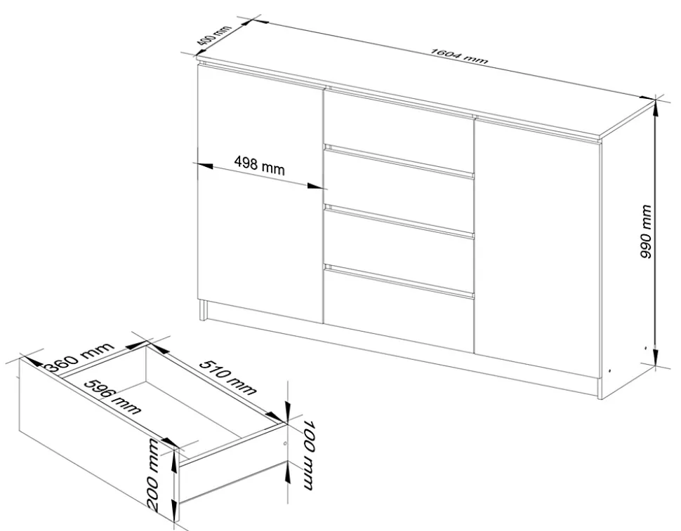 Grande Commode pour le salon AKORD K160 Aulne 160 cm 2 portes 4 tiroirs façade Aulne 4 étagères 160x40x99 cm