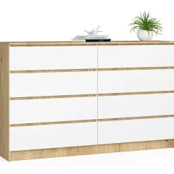 Grande Commode pour le salon AKORD K160 Chêne Artisan 160 cm 8 tiroirs façade Blanche 160x40x99 cm