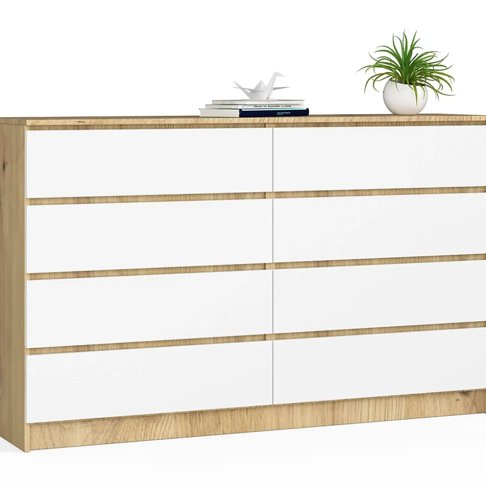 Grande Commode pour le salon AKORD K160 Chêne Artisan 160 cm 8 tiroirs façade Blanche 160x40x99 cm