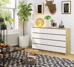 Grande Commode pour le salon AKORD K160 Chêne Artisan 160 cm 8 tiroirs façade Blanche 160x40x99 cm