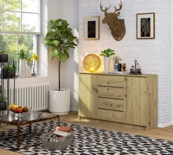 Grande Commode pour le salon AKORD K160 Chêne Artisan 160 cm 2 portes 4 tiroirs façade Chêne Artisan 4 étagères 160x40x99 cm