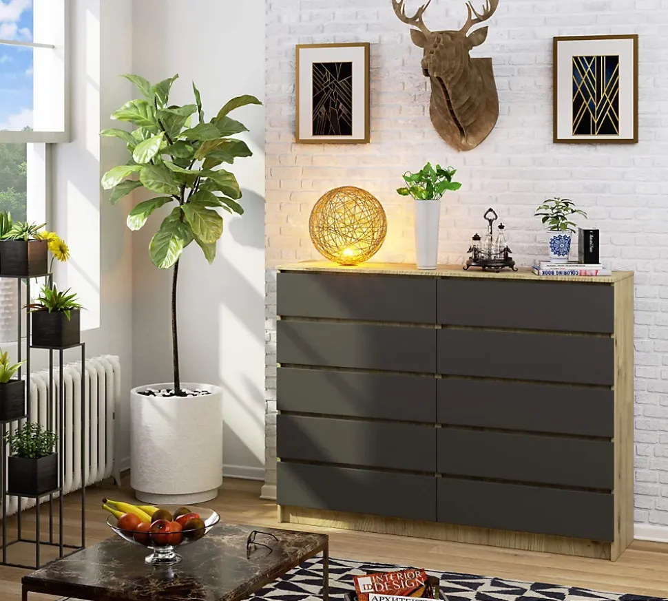 Grande Commode pour le salon AKORD K160 Chêne Artisan 160 cm 10 tiroirs façade Gris Graphite 160x40x121 cm