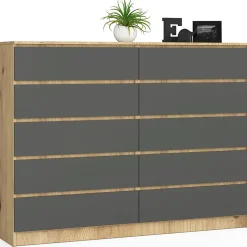 Grande Commode pour le salon AKORD K160 Chêne Artisan 160 cm 10 tiroirs façade Gris Graphite 160x40x121 cm