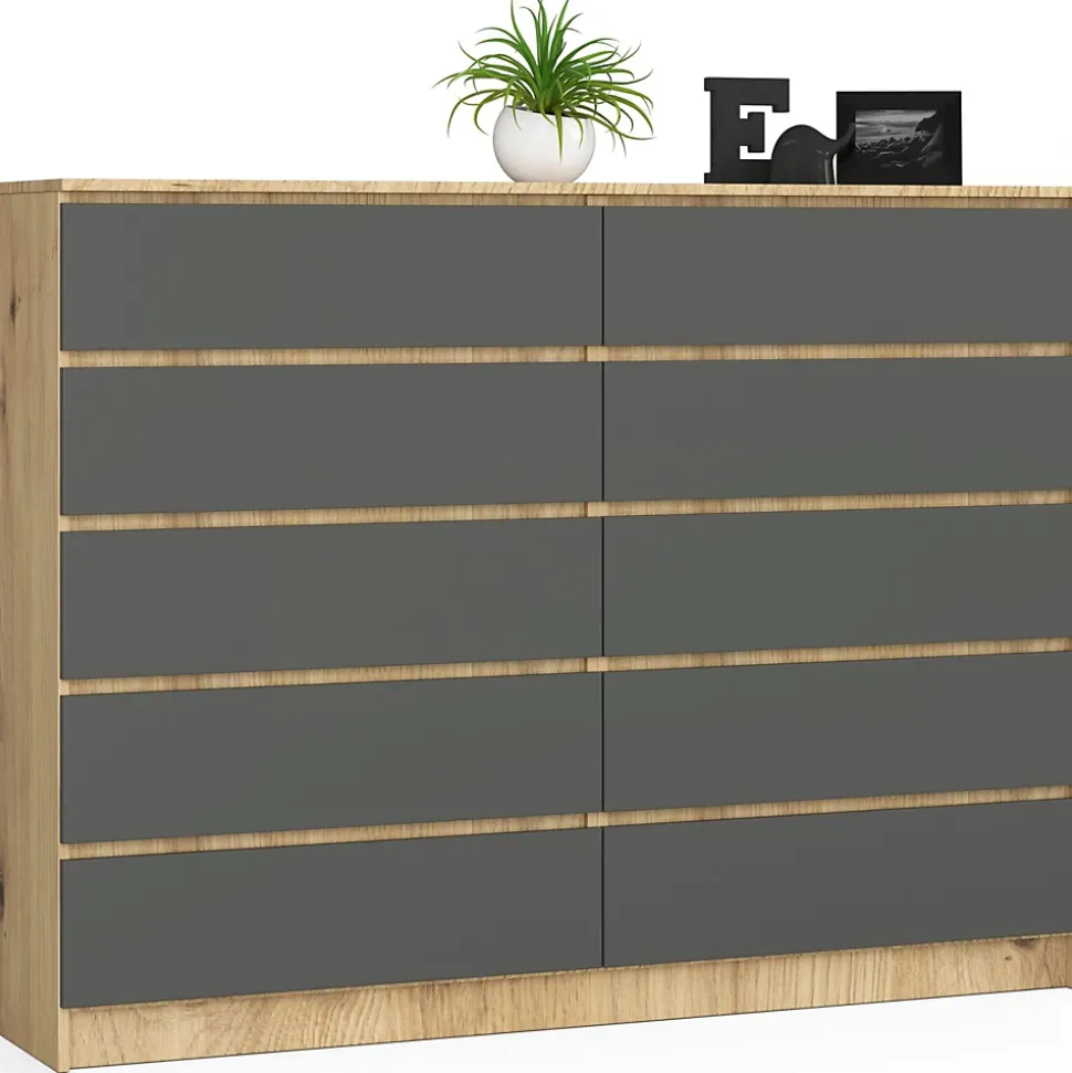 Grande Commode pour le salon AKORD K160 Chêne Artisan 160 cm 10 tiroirs façade Gris Graphite 160x40x121 cm