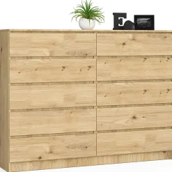 Grande Commode pour le salon AKORD K160 Chêne Artisan 160 cm 10 tiroirs façade Chêne Artisan 160x40x121 cm