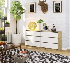 Grande Commode pour le salon AKORD K160 Chêne Artisan 160 cm 6 tiroirs façade Blanche 160x40x77 cm