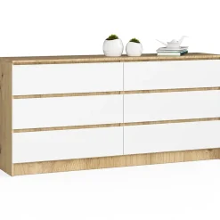 Grande Commode pour le salon AKORD K160 Chêne Artisan 160 cm 6 tiroirs façade Blanche 160x40x77 cm