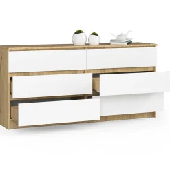 Grande Commode pour le salon AKORD K160 Chêne Artisan 160 cm 6 tiroirs façade Blanche 160x40x77 cm