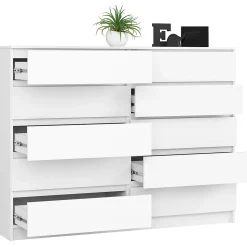 Grande Commode pour le salon AKORD K160 Blanche 160 cm 10 tiroirs façade Blanche 160x40x121 cm