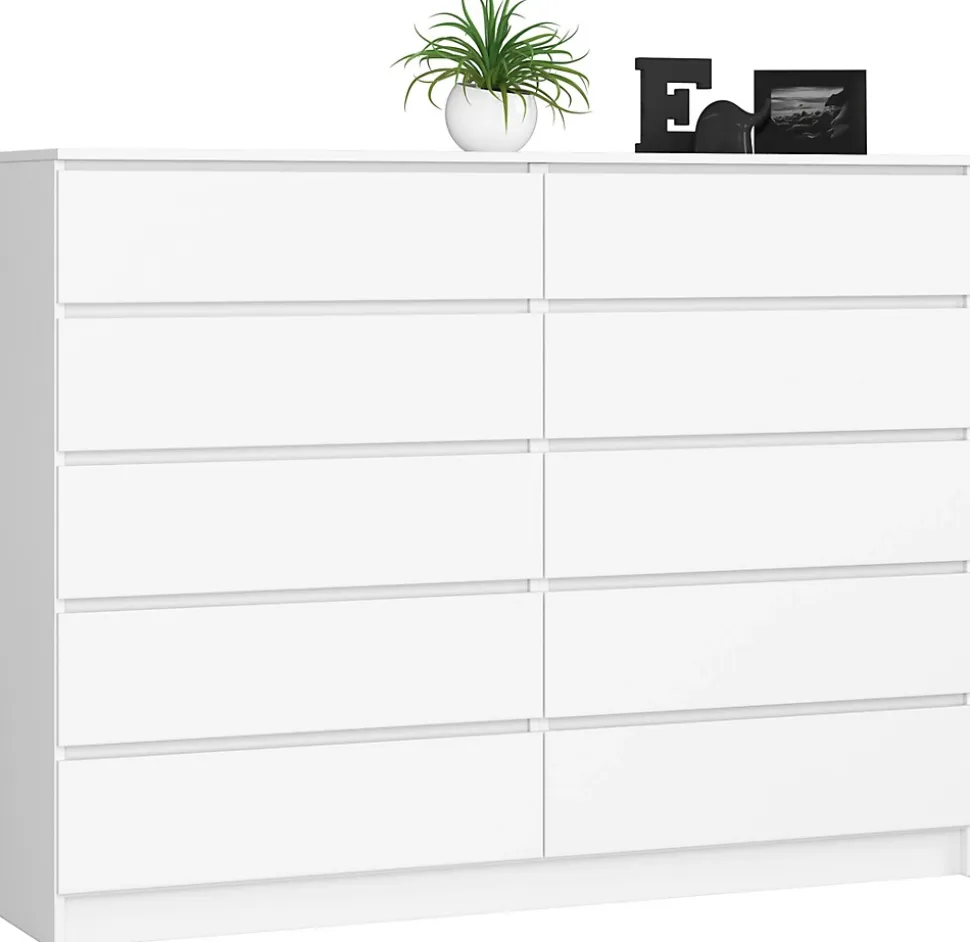 Grande Commode pour le salon AKORD K160 Blanche 160 cm 10 tiroirs façade Blanche 160x40x121 cm