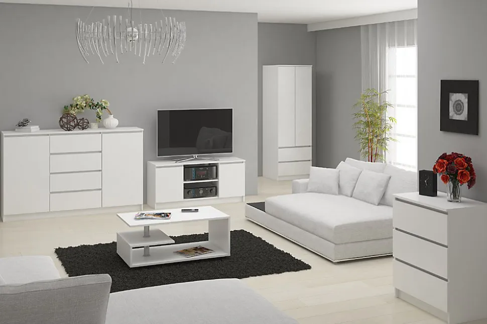 Grande Commode pour le salon AKORD K160 Blanche 160 cm 10 tiroirs façade Blanche 160x40x121 cm